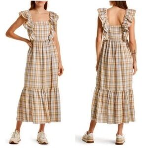 Madewell Ruffle-Sleeve Tiered Midi Dress in Plaid Size 8